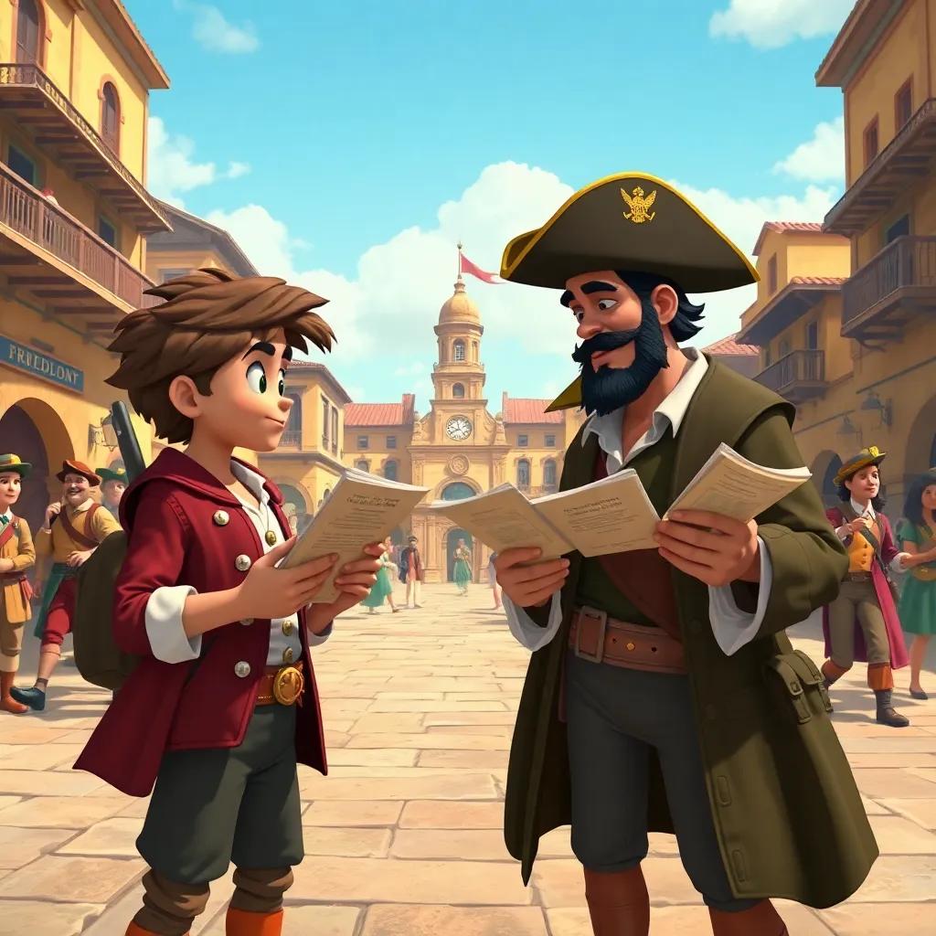 Lucas meeting Tiradentes, a historical figure dressed in colonial clothing, holding pamphlets, in a bustling colonial town square, engaging to spread the message of freedom, lively scene, vibrant colors, action-oriented