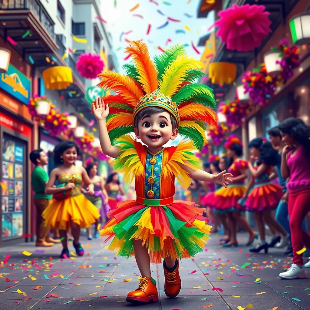 Lucas in a colorful carnival costume, dancing among cheerful street performers and confetti in a modern Brazilian street festival, vibrant colors, joyful atmosphere, energy-filled