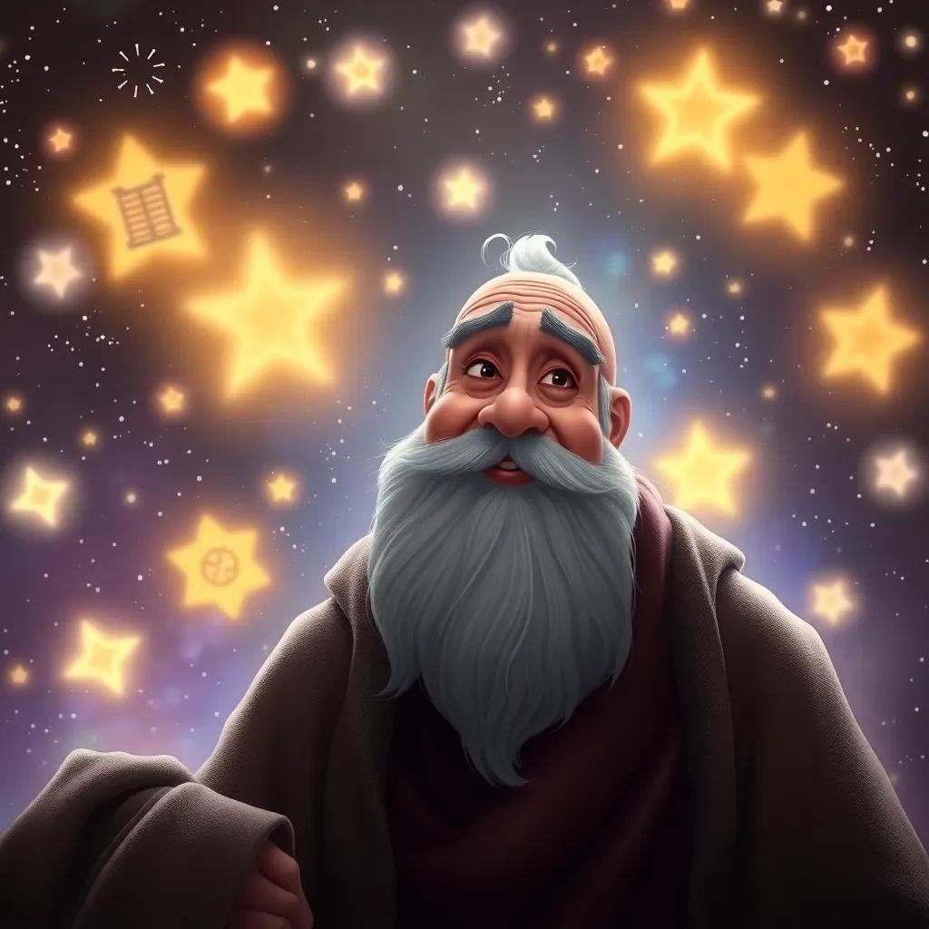 An old wise man with a long beard and a gentle smile, speaking to Lucas in a glowing space filled with stars and history symbols, mystical atmosphere, soft colors, concept art