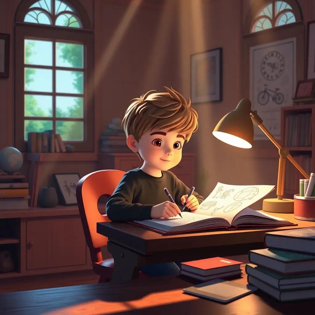 Lucas sitting at a desk, writing a book filled with drawings and adventures, sunlight streaming through the windows, warm colors, cozy and creative atmosphere