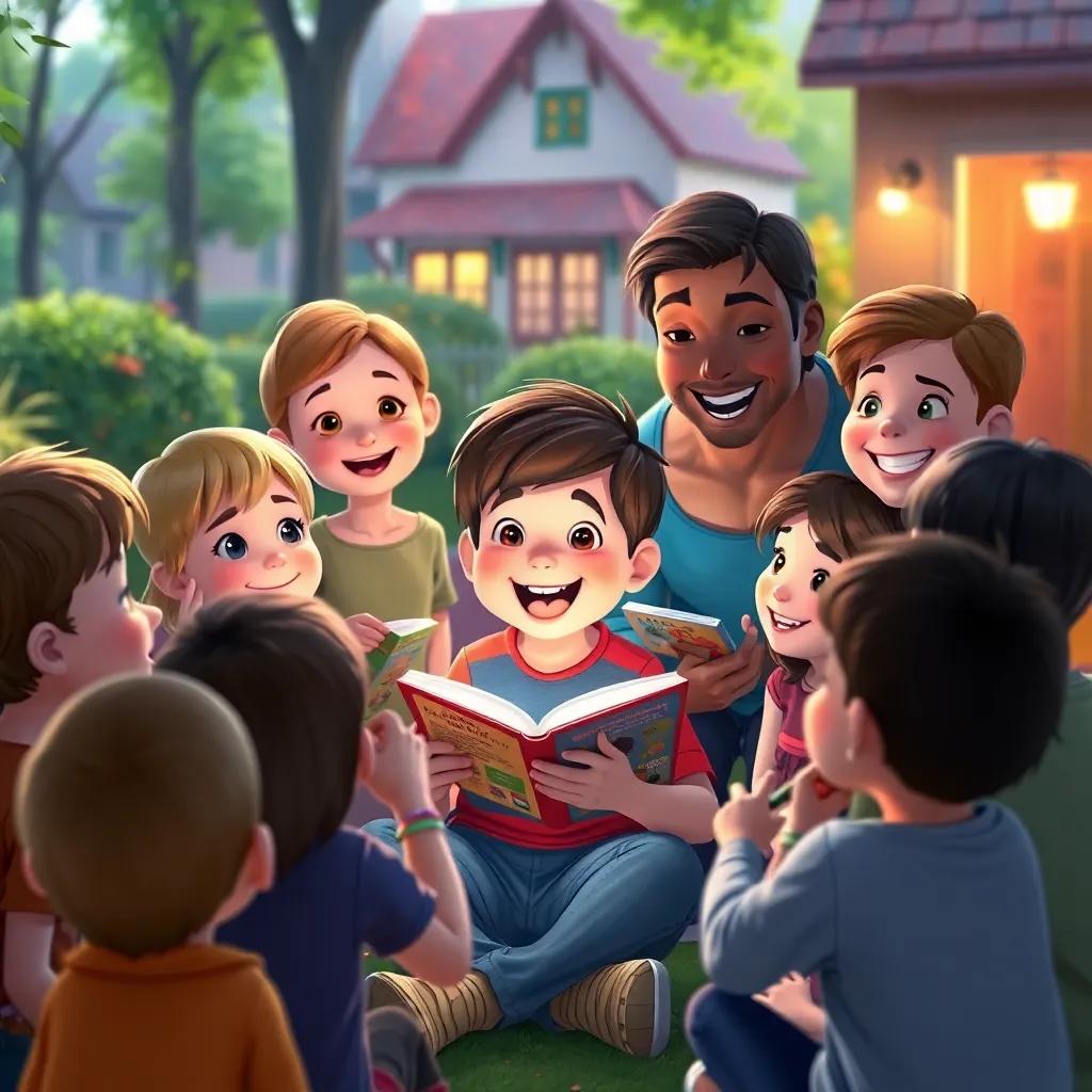 Children and adults gathered around Lucas as he excitedly tells his time travel stories, lively expressions, illustrated characters, and books in a friendly neighborhood scene, cheerful ambiance