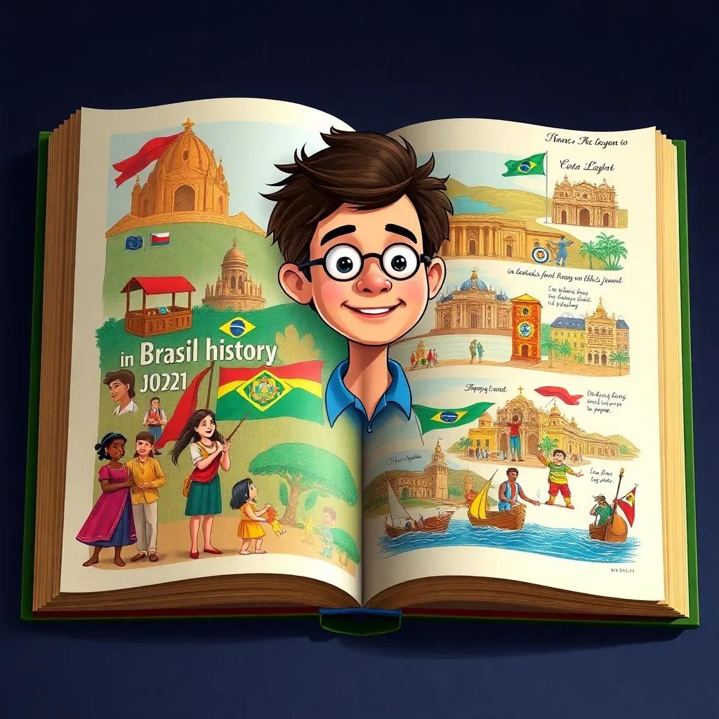 The book of Lucas showing illustrations of Brazil's history, rich colors, pages blending with scenes of the characters and events he met, artistic layout