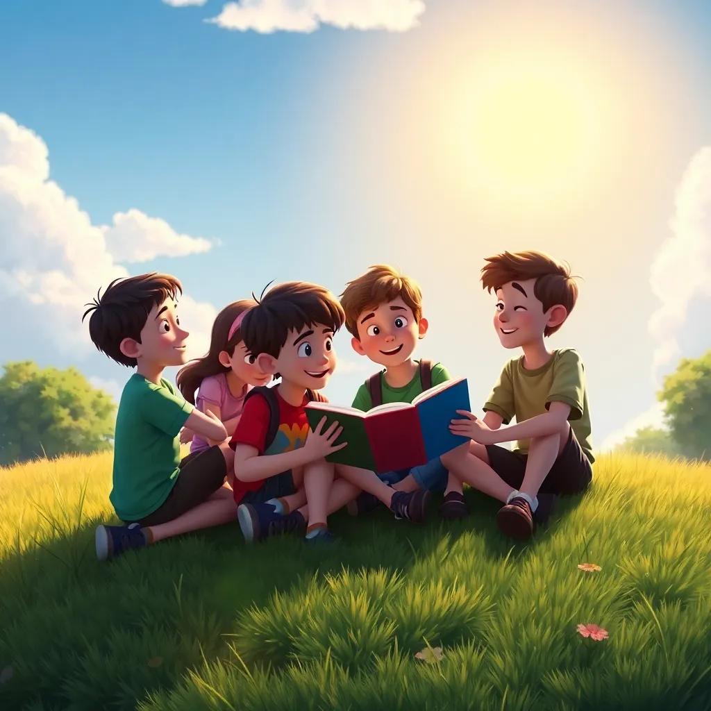Lucas reading his book to a group of fascinated friends, all of them sitting on a grassy hill under a sunny sky, inviting atmosphere, carefree scene