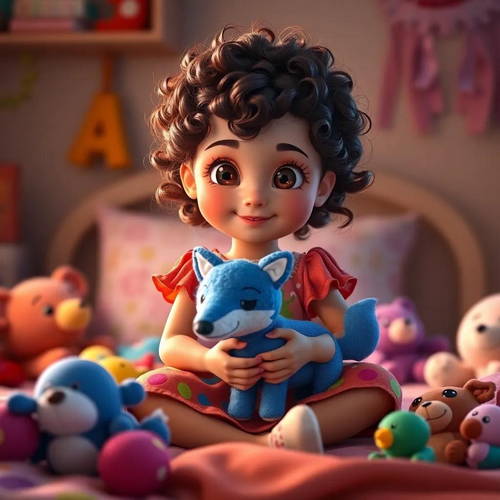 A young girl, Lúcia, with curly brown hair, wearing a colorful dress, sitting on her bed surrounded by toys, holding a blue fabric wolf in her hands, warm light, cheerful atmosphere, child-friendly, digital art, bright colors, detailed