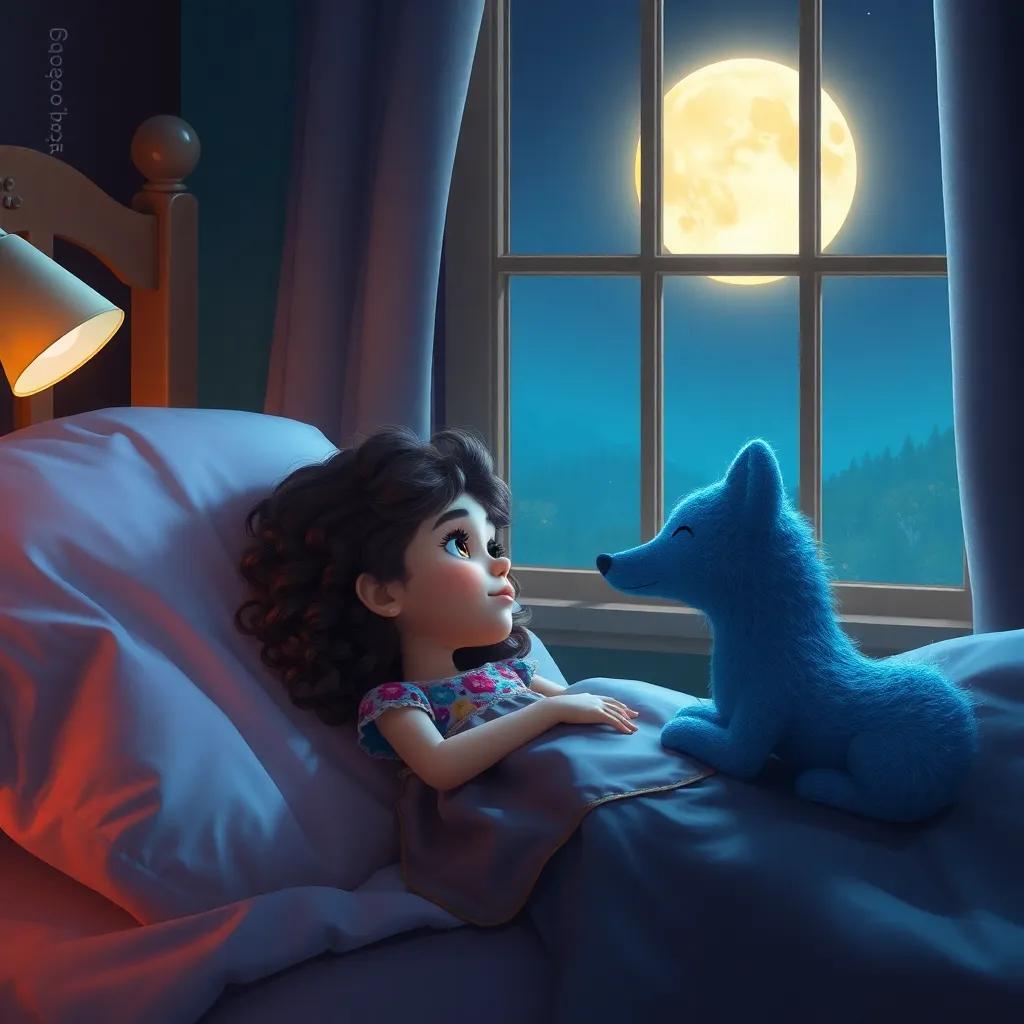 Lúcia, a young girl with curly brown hair in a colorful dress, lying in bed at night with a blue fabric wolf next to her, staring at the glowing moon outside the window, dreamy atmosphere, digital painting, soft light