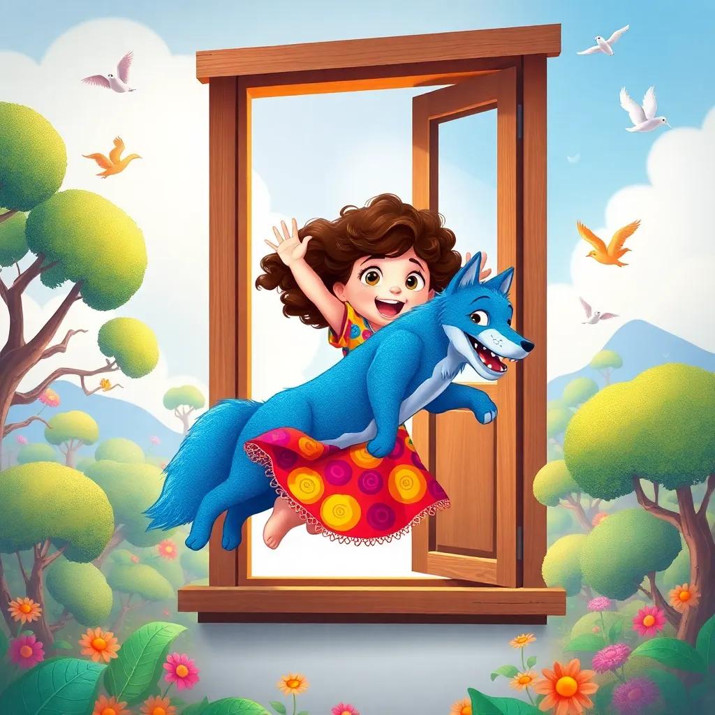 Lúcia, a young girl with curly brown hair wearing a colorful dress, jumping out of the window with her blue fabric wolf, in a vibrant fantasy world full of dancing trees and singing birds, illustration, cheerful, child-friendly, adventure-themed