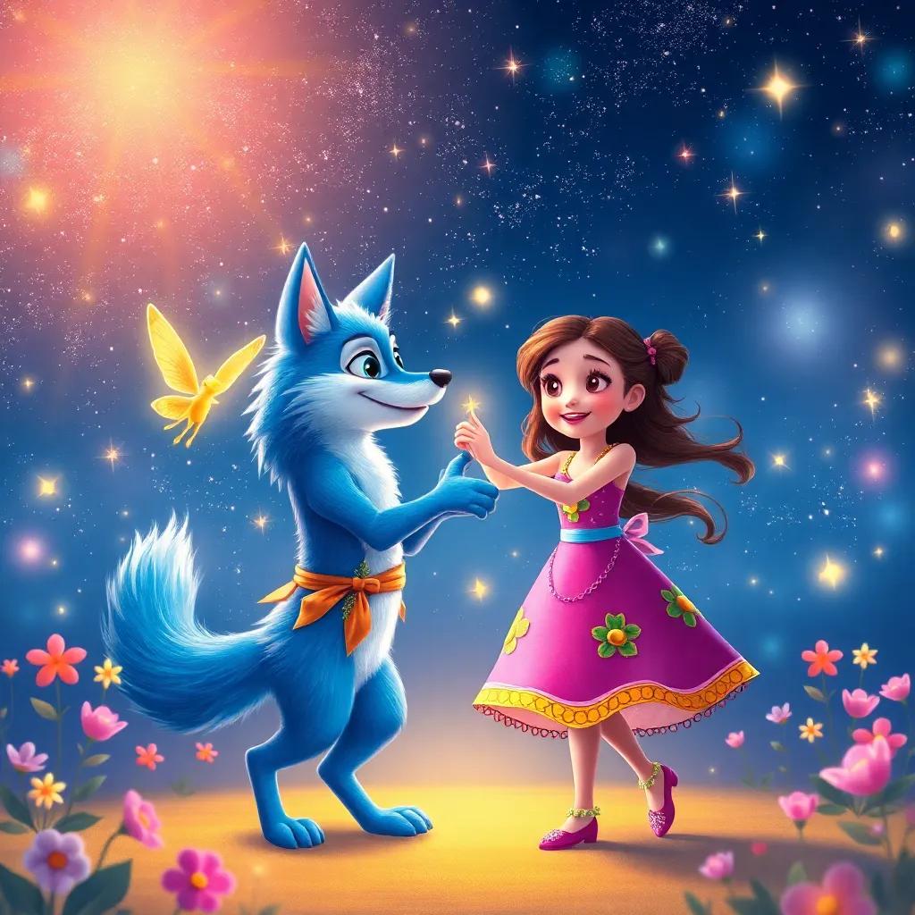 Lúcia and her blue fabric wolf wearing colorful outfits, dancing with a fairy under a starlit sky, surrounded by magical lights and flowers, whimsical atmosphere, bright colors, digital painting, joyous