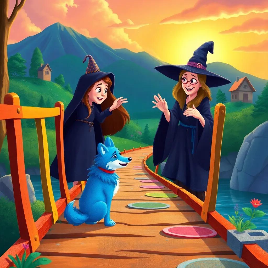 A colorful bridge, with a girl Lúcia and her blue fabric wolf facing a witch who turns into a gentle woman with a kind smile, magical landscape, lively colors, adventure illustration, storytelling