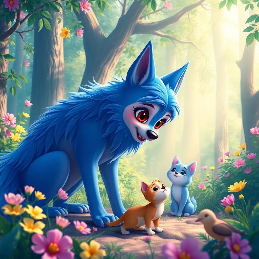 Lúcia and her blue wolf happily searching for a lost cat in a bright, enchanted forest, with vibrant flowers and friendly animals watching, cheerful and bright, detailed digital art