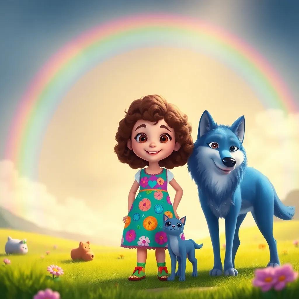 Lúcia, a young girl with curly brown hair in a colorful dress, standing proudly with her blue wolf after finding the lost cat, beneath a rainbow in a whimsical landscape, joyful atmosphere, bright colors, adventure-themed
