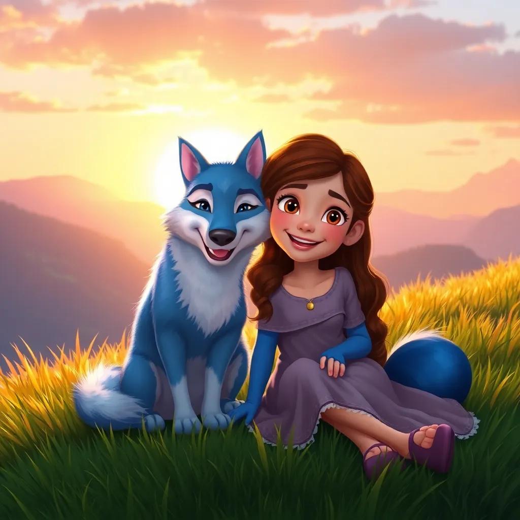 Lúcia and her blue wolf, both smiling as they sit together on a grassy hill, with the sunrise in the background, symbolizing friendship and adventure, warm light, beautiful colors, digital painting, uplifting