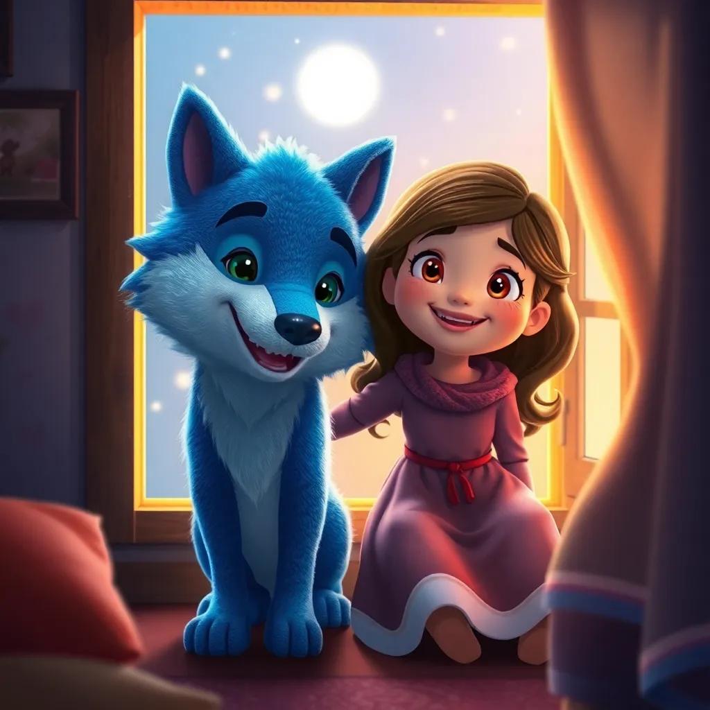 Lúcia and her blue fabric wolf, returning to her cozy room through the window with smiles after an amazing adventure, dreamy light, colorful atmosphere, friendly art style