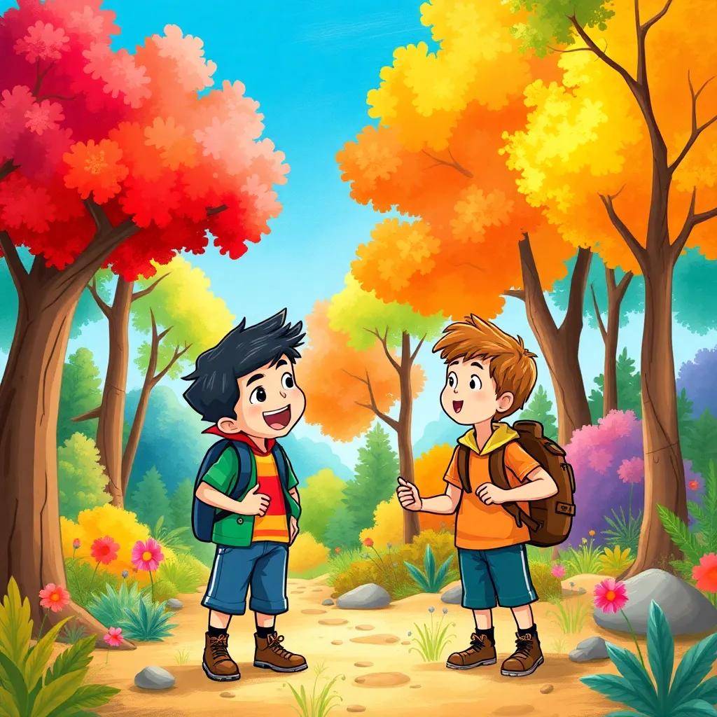 A scene of two young boys, Miguel and Benjamin, excitedly discussing their adventure plan in a vibrant forest, colorful trees, and a clear blue sky, whimsical style, bright colors, warm light, cheerful atmosphere, high quality