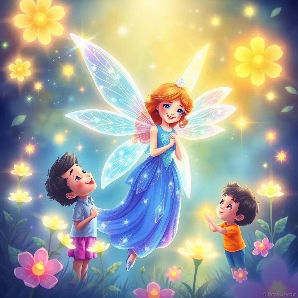 A magical fairy with crystal wings, smiling at Miguel and Benjamin who are amazed, surrounded by glowing flowers and sparkling lights, enchanting style, soft colors, dreamy ambiance, high quality