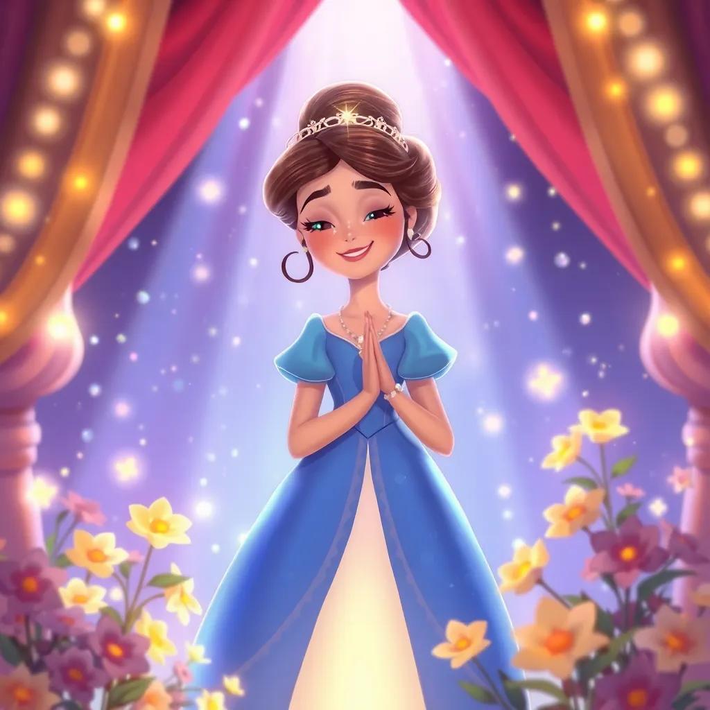 Uma fada chamada Clara, com asas de arco-íris, sorrindo para Miguel, cercada por luz e magia, flores dançantes ao redor, estilo encantador, ilustração luminosa, alegre