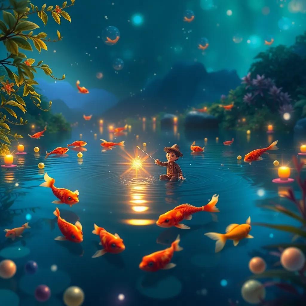 O Lago dos Desejos, com Miguel jogando uma pedrinha na água, peixes coloridos pulando e bolhas brilhando, em um cenário de sonho com vegetação intensa, arte vibrante e festiva, visual mágico