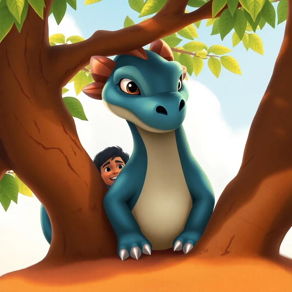 Fogo, um dragão grande e fofo, com escamas azuis e olhos gentis, escondido atrás de uma árvore, Miguel se aproximando com um sorriso, ilustração calorosa e amigável, atmosfera de amizade