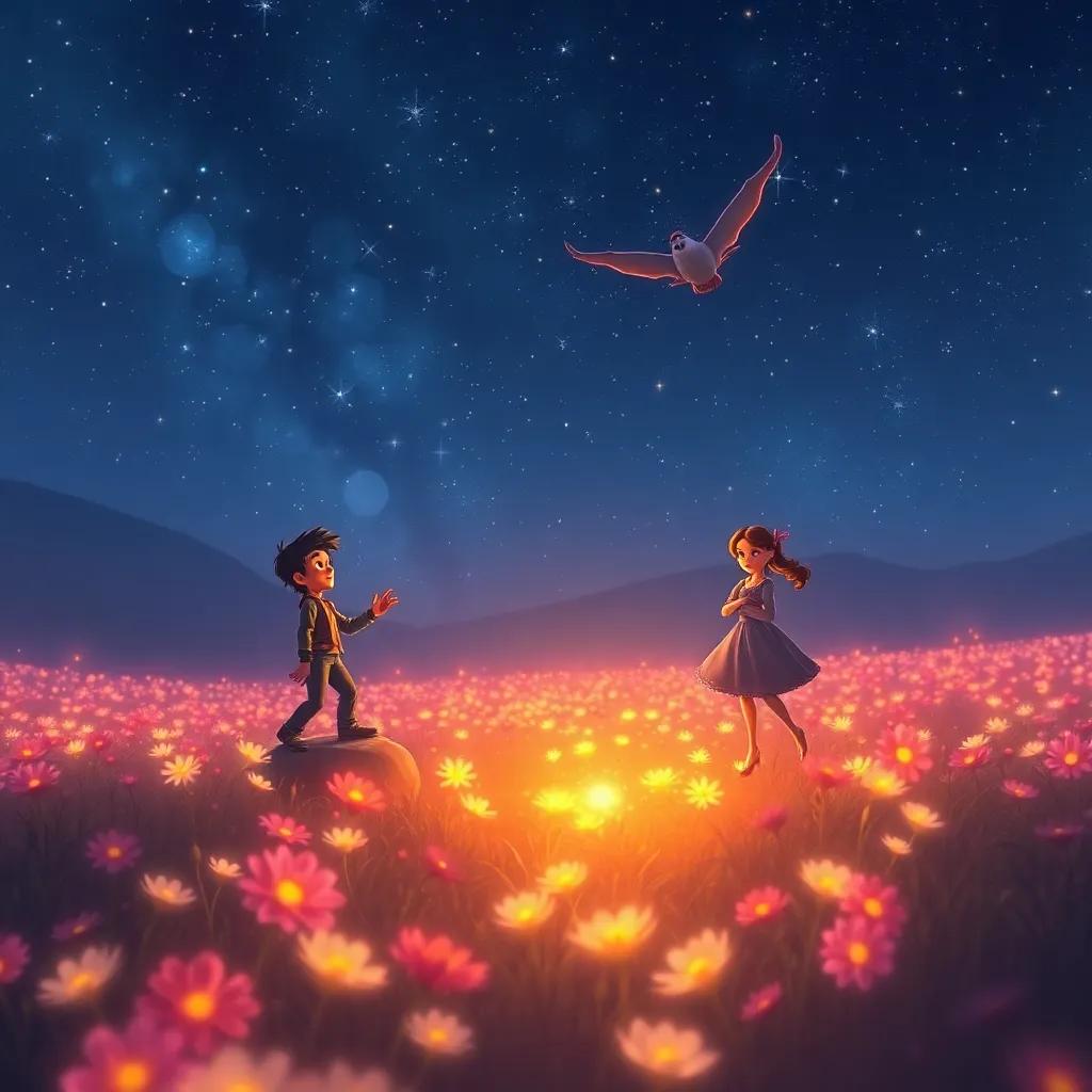 Miguel, Fogo e Clara voando sobre um campo iluminado por flores noturnas, com cores brilhantes e estrelas ao fundo, digital painting, visual inspirador e mágico