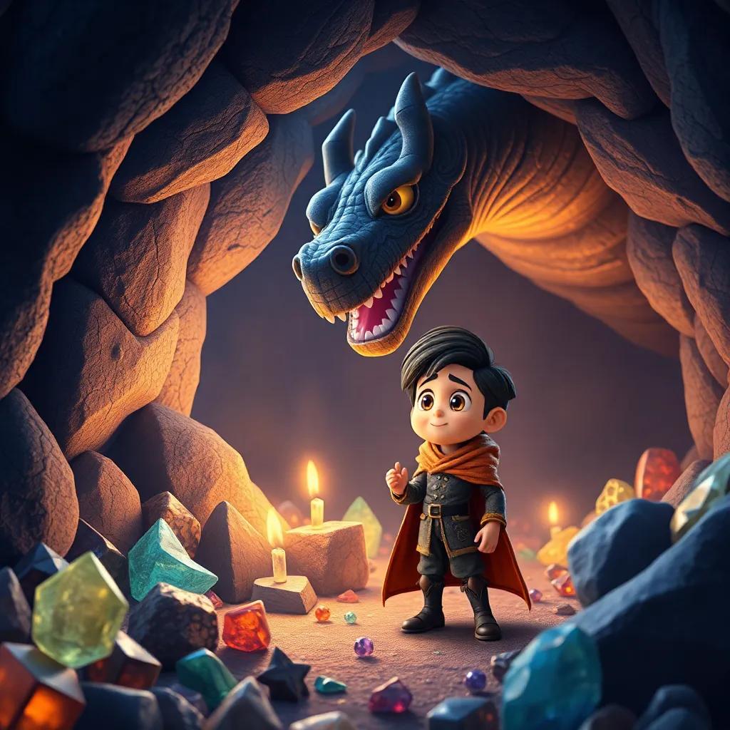 O dragão Fogo mostrando a Miguel sua caverna cheia de tesouros, com pedras preciosas e brinquedos, Miguel com olhos brilhantes de surpresa, arte alegre e mágica