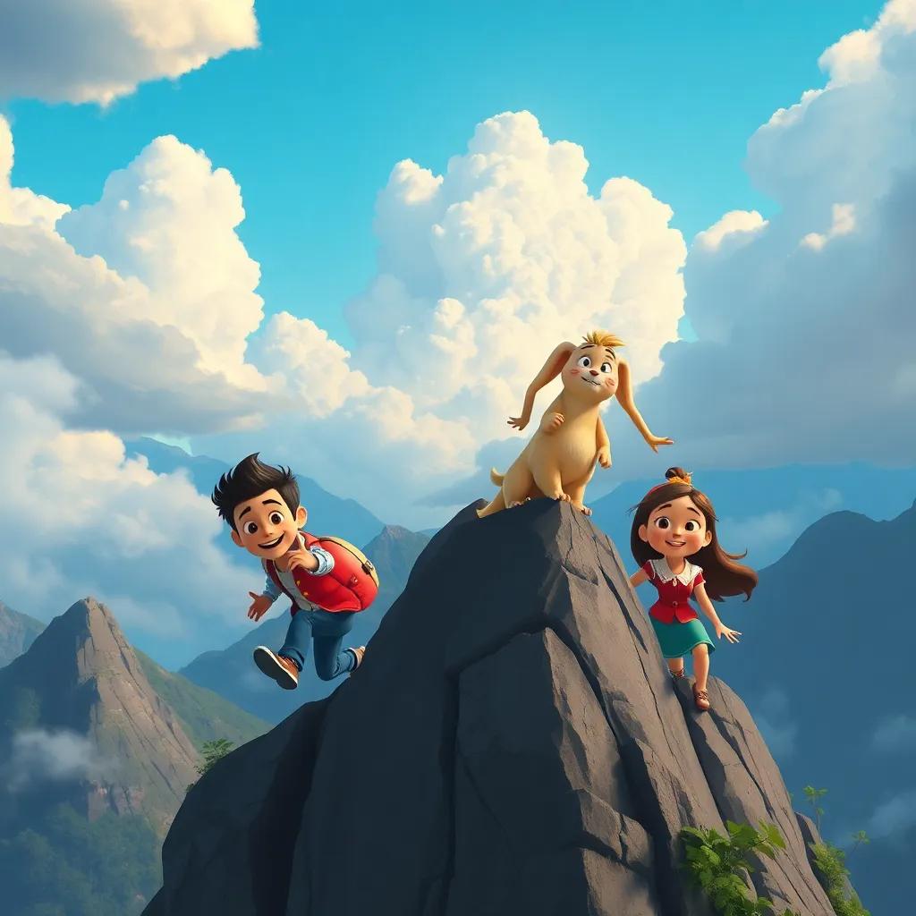 Miguel, Fogo e Clara escalando a Montanha das Tempestades, todos sorridentes e determinados, uma paisagem impressionante com nuvens e um céu azul, ilustração corajosa