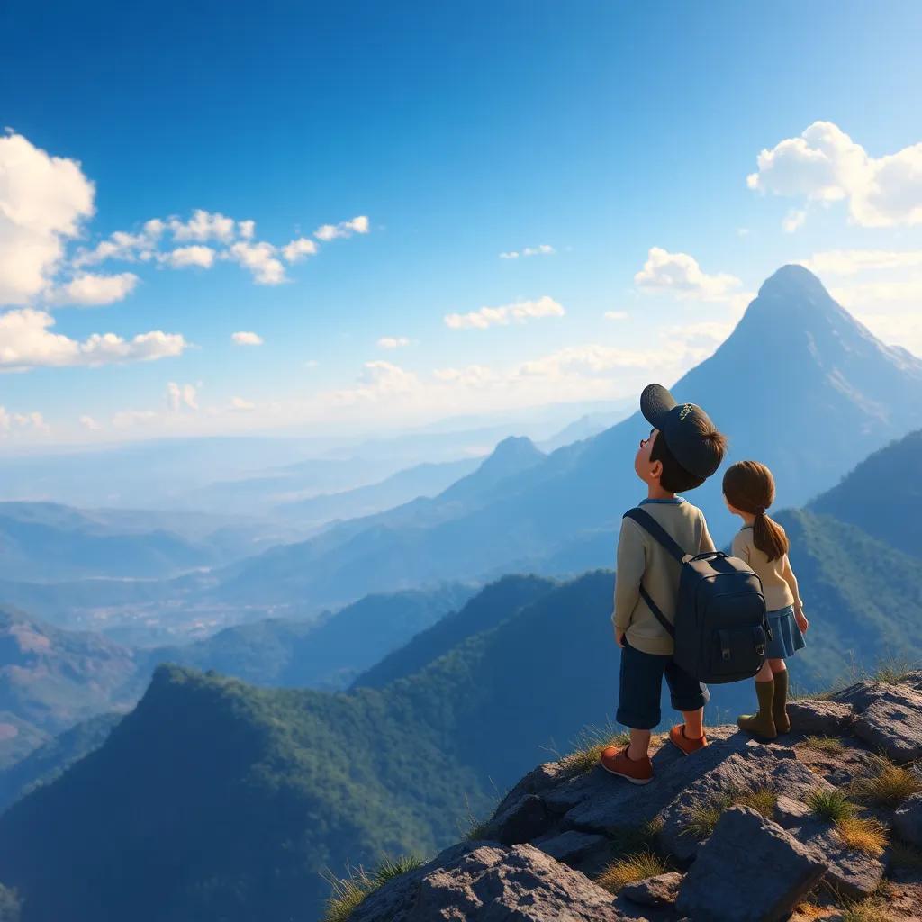 A vista do topo da montanha, Miguel olhando com felicidade para a paisagem deslumbrante, Fogo e Clara ao seu lado, atmosfera leve e alegre, arte cheia de luz
