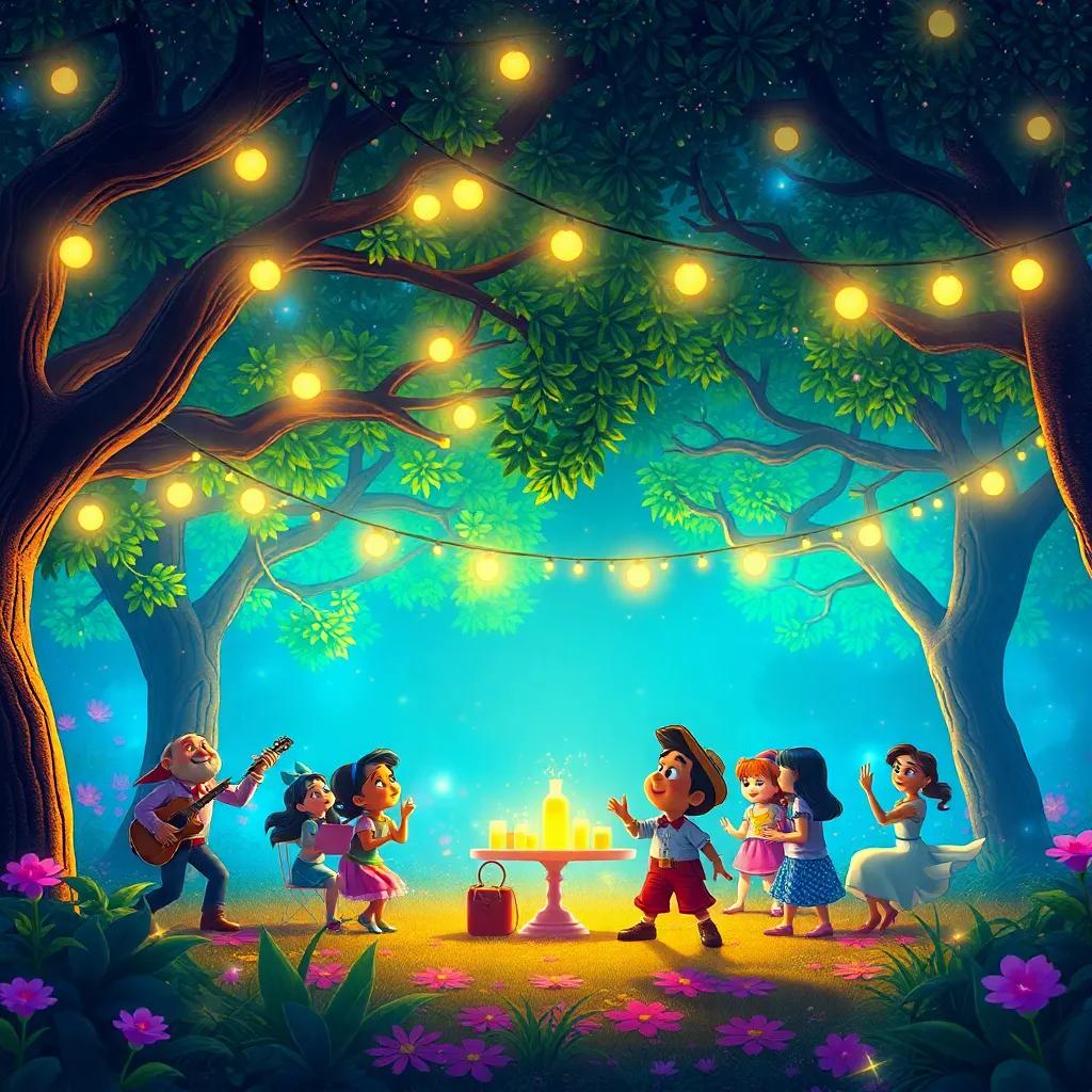 Uma festa mágica na floresta, com música, risos e danças, Miguel e seus amigos se divertindo sob árvores iluminadas, estilo vibrante e festivo, digital art cheia de cor