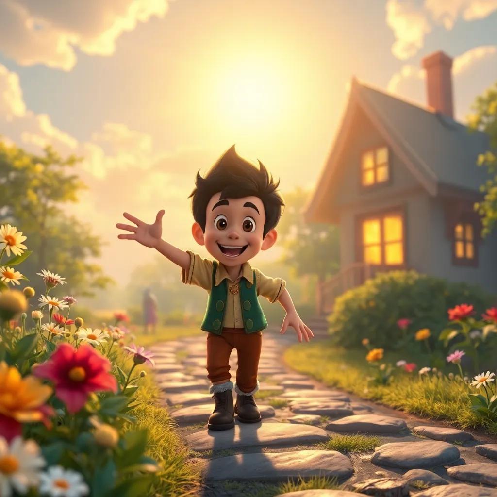 Miguel voltando para casa com um sorriso, acenando para a floresta mágica ao pôr do sol, com uma aura de alegria e promessas de novos sonhos, visual esperançoso e amigável