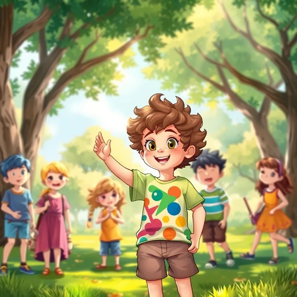 A 6-year-old boy, Pietro, with curly brown hair and bright eyes, wearing a colorful t-shirt and shorts, standing excitedly in a park with his friends, sunlight filtering through the trees, cheerful atmosphere, illustration, vibrant colors, child-friendly