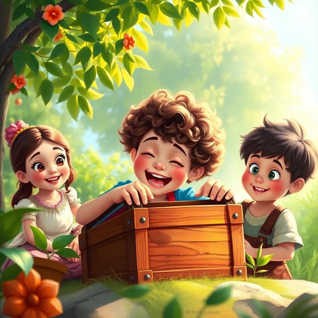 Pietro, a 6-year-old boy with curly brown hair, excitedly opening a wooden treasure box with his friends Valentina and Pedro by his side, surrounded by greenery, bright sunlight, a sense of discovery, digital art, colorful and engaging, playful vibe