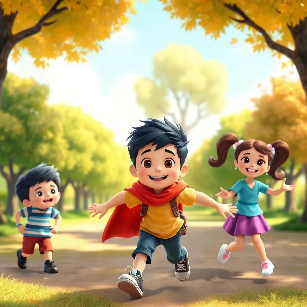 A boy named Pietro, a brave and courageous child, playing in a sunny park with trees, surrounded by his friends Pedro, a cheerful boy, and Valentina, a lively girl with pigtails, digital art, vibrant colors, lively atmosphere, daytime, high quality