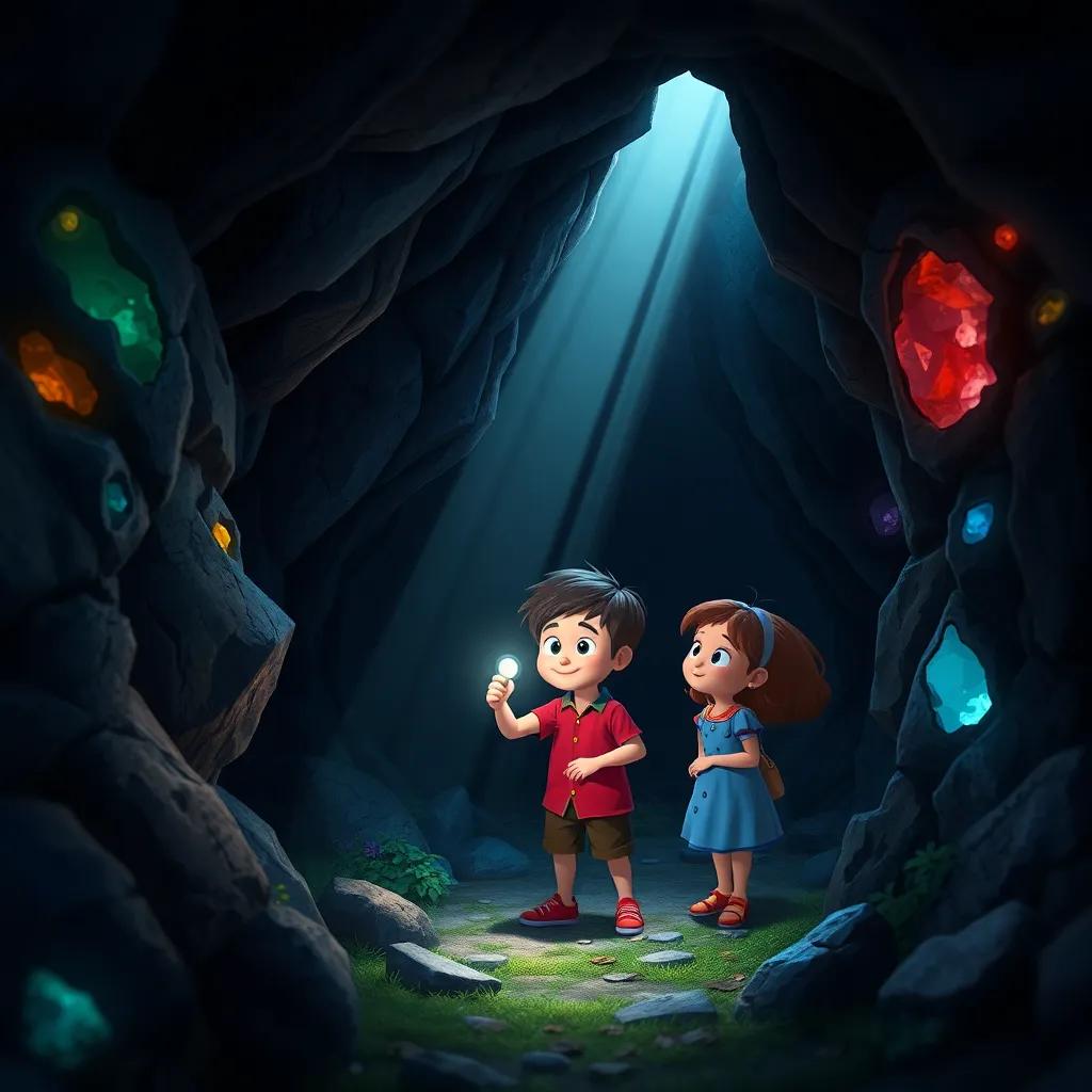 Pietro, Pedro, and Valentina exploring a dark small cave in the forest, with rays of light shining in, Pietro holding a flashlight, illuminated colorful stones on the walls, child-friendly, adventurous scene, high detail, rich colors