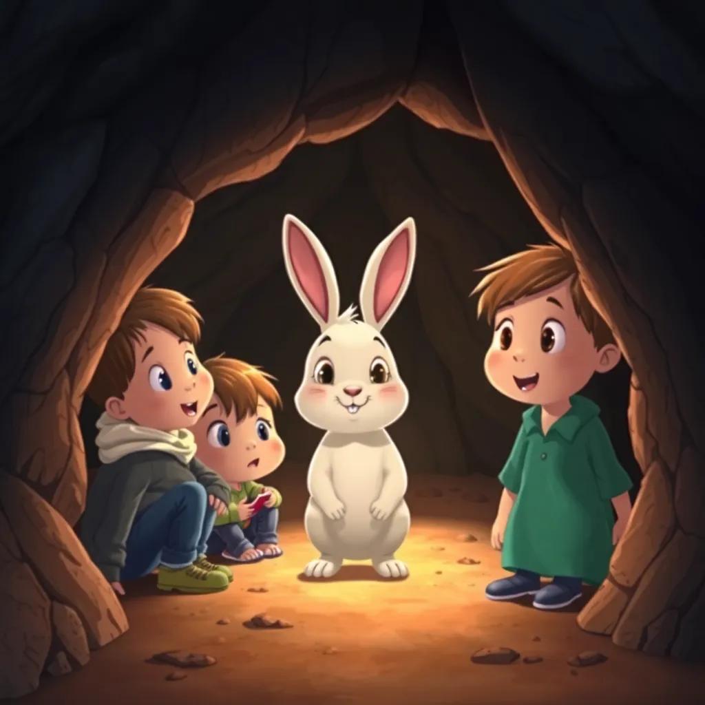 Inside the cave, a small cute rabbit appears with friendly eyes, surrounded by the three children looking surprised and curious, dark and cozy cave background, digital illustration, warm lighting, playful mood, high quality
