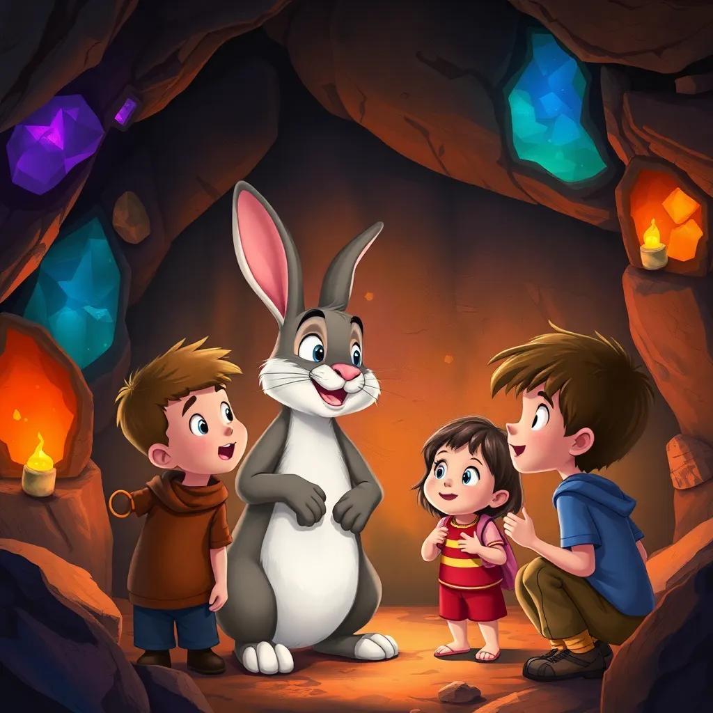 The rabbit speaking to the kids, with the cave walls glowing with colors reflecting the stones, the kids looking intrigued and excited, a sense of wonder and adventure, digital painting, rich colors, cheerful atmosphere