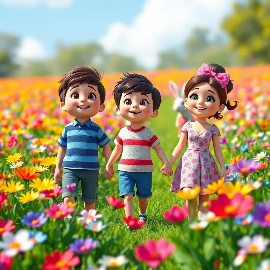 A vibrant field of colorful flowers, with Pietro, Pedro, and Valentina holding hands, looking amazed and joyful in a sunny day, the rabbit in the background, digital art, bright colors, natural scenery, heartwarming vibe