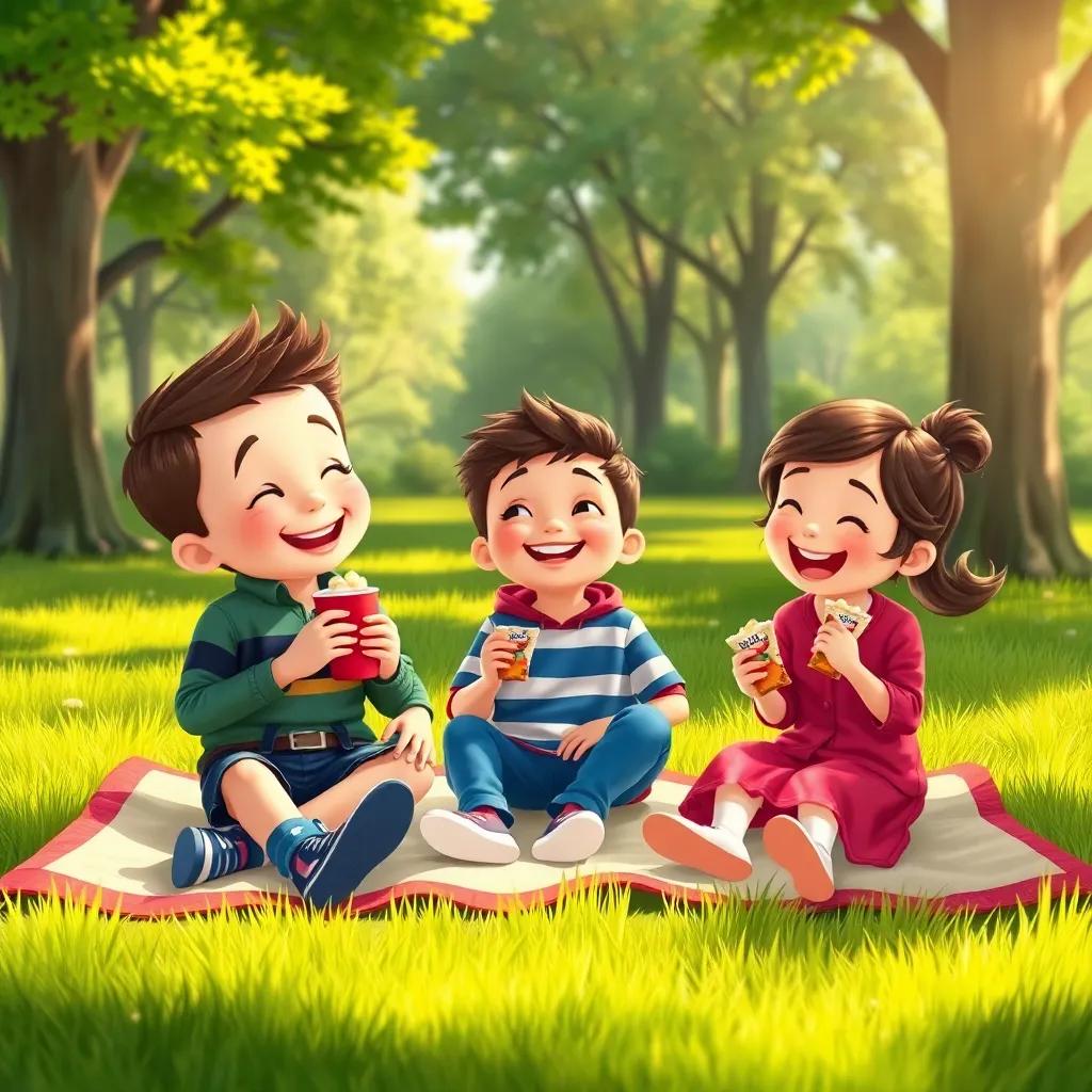 Pietro, a brave boy, and his friends Pedro and Valentina, sitting together on a blanket in the park, eating snacks and laughing, surrounded by the green grass and sunlight, illustration, cheerful, child-friendly, high quality