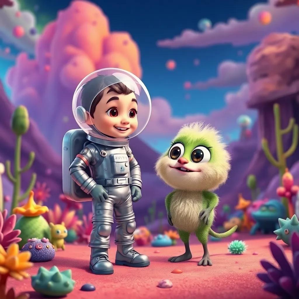 Rafa, a young astronaut in a shiny silver suit, chatting happily with Fuzz, a green fluffy creature with big eyes, in a colorful alien landscape filled with strange plants and colorful skies, illustration, cheerful, friendly, child-friendly