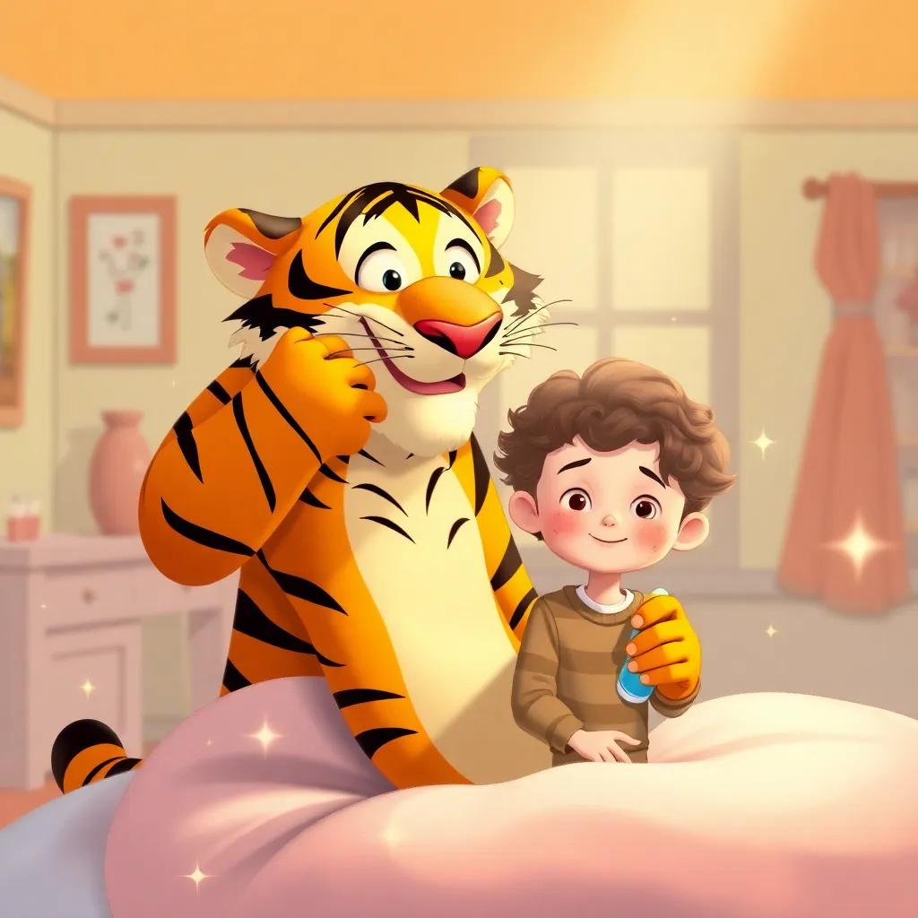 John Tiger, a friendly tiger dad with orange and black stripes, is combing William's curly hair with a special cream, in a cozy, magical room with sparkles around, illustration, cheerful, warm colors, high quality