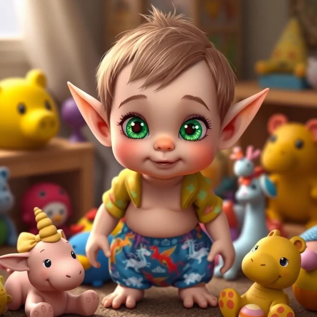 William, a small charming elf with sparkling green eyes, wearing a colorful diaper with dragons and unicorns, being dressed in a delightful shirt, surrounded by playful toys, digital painting, bright and playful, high quality
