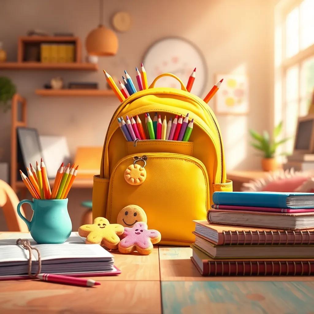 A delightful scene of a bright backpack filled with colorful pencils, funny shaped cookies, and notebooks on a cheerful table, the background filled with light and warmth, digital artwork, engaging colors, whimsical perspective, high quality