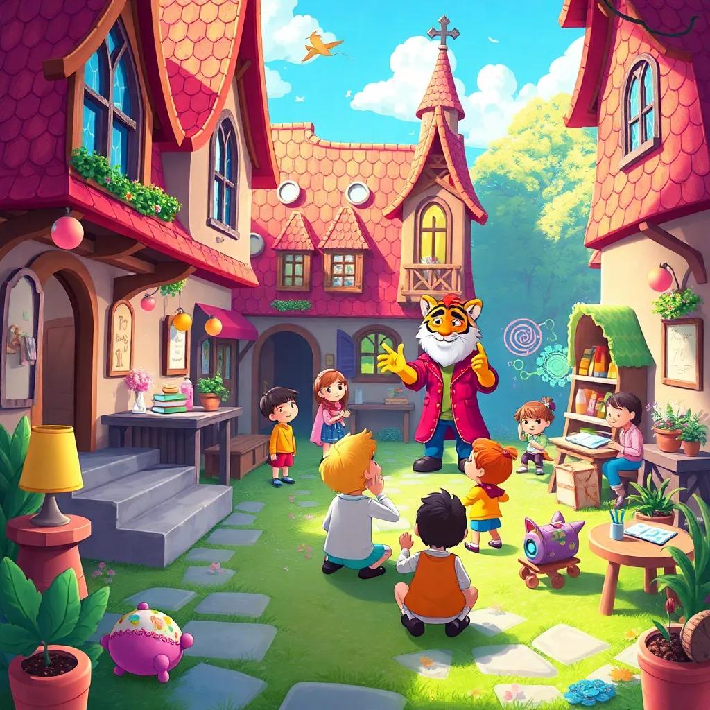 A charming illustration of a magical school with children playing and learning, Jaspion caring for small children while John Tiger teaches magic, colorful and lively atmosphere, digital art, imaginative, high quality