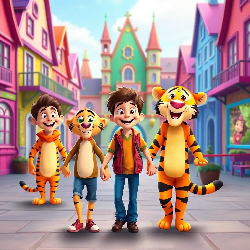 A bright scene of William holding hands with Jaspion and John Tiger, excited to enter the magical school, with colorful buildings in the background, warm smiles all around, cheerful and happy, digital art, high quality