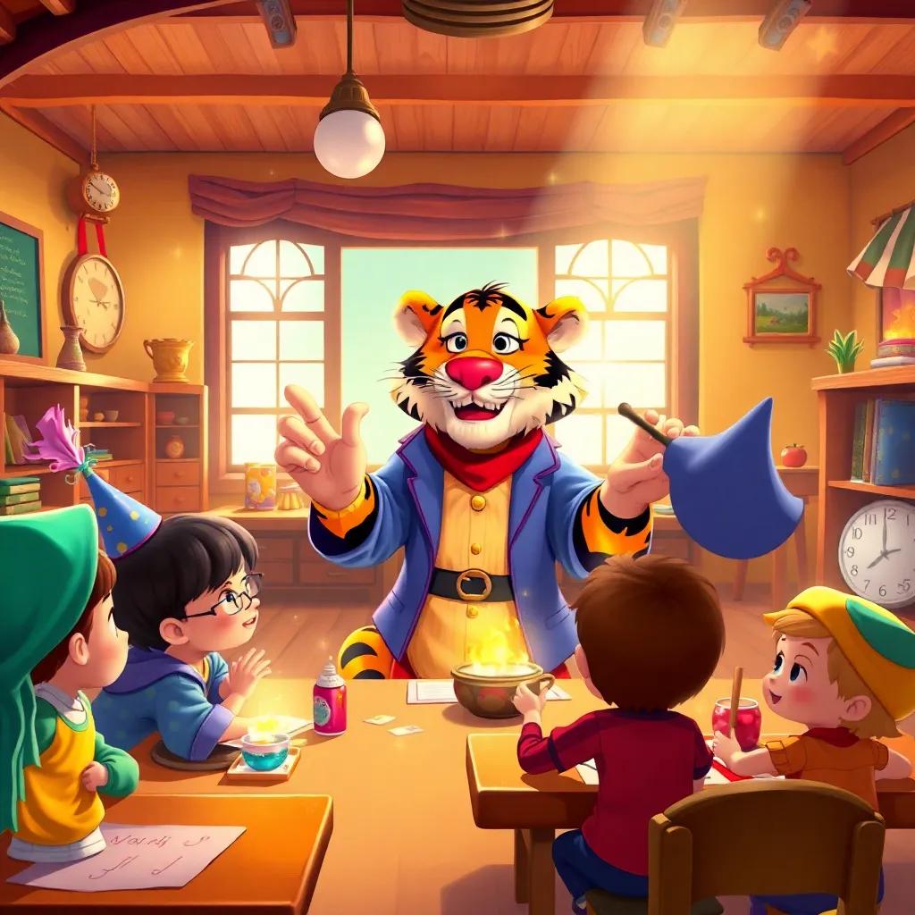 John Tiger teaching a magic lesson to curious little students in a bright classroom filled with magical items, the atmosphere is lively and enchanting, digital painting, rich details, warm colors, inviting, high quality