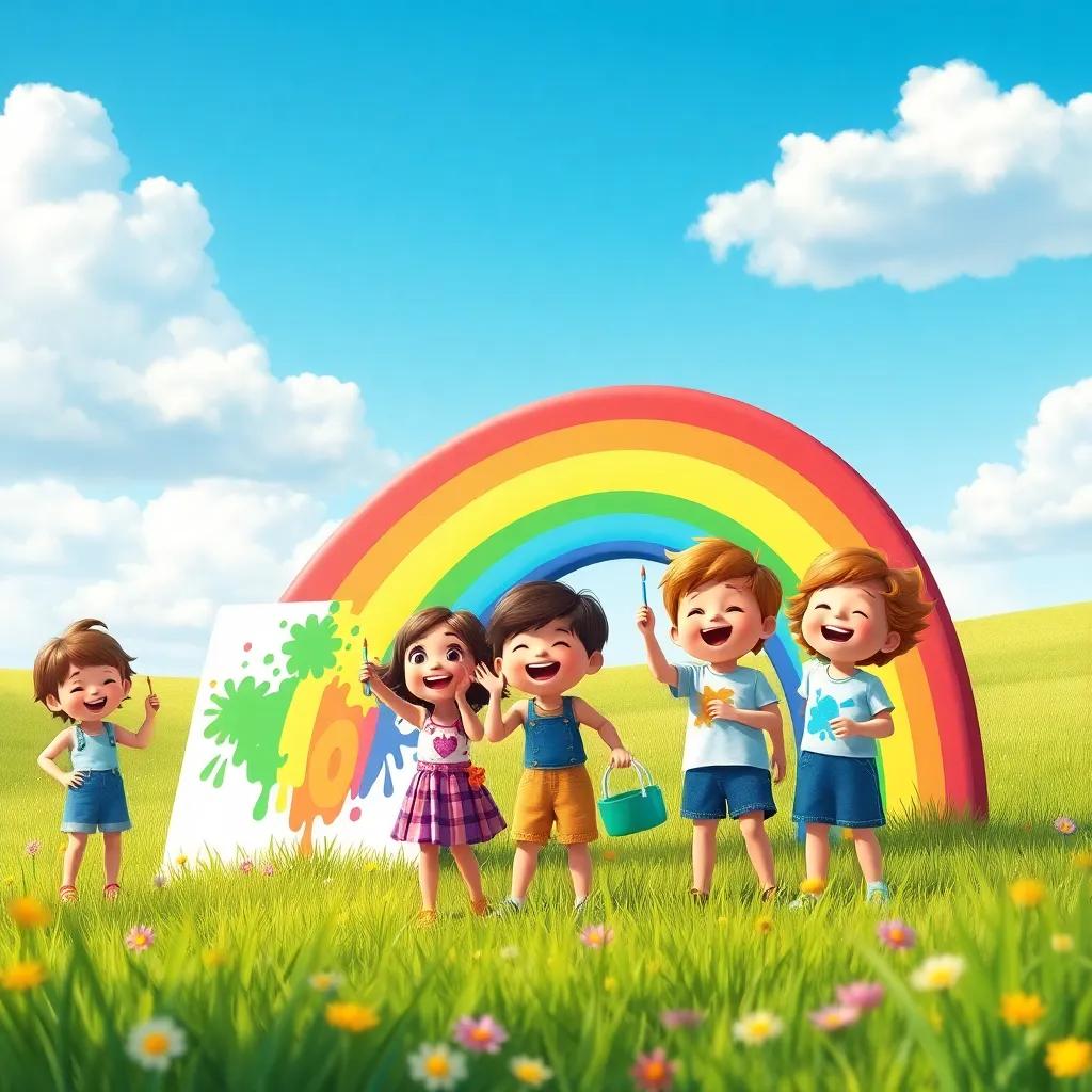 A playful class with children painting a colorful rainbow and playing in a beautiful field, joyful expressions, under a clear blue sky with fluffy clouds, digital art, delightful, vibrant colors, high quality