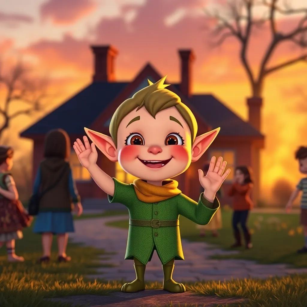 William, a small elf, happily waving goodbye to friends at the end of the day, surrounded by warm colors of sunset, the school in the background, feeling loved and eager to return, digital art, heartwarming, high quality