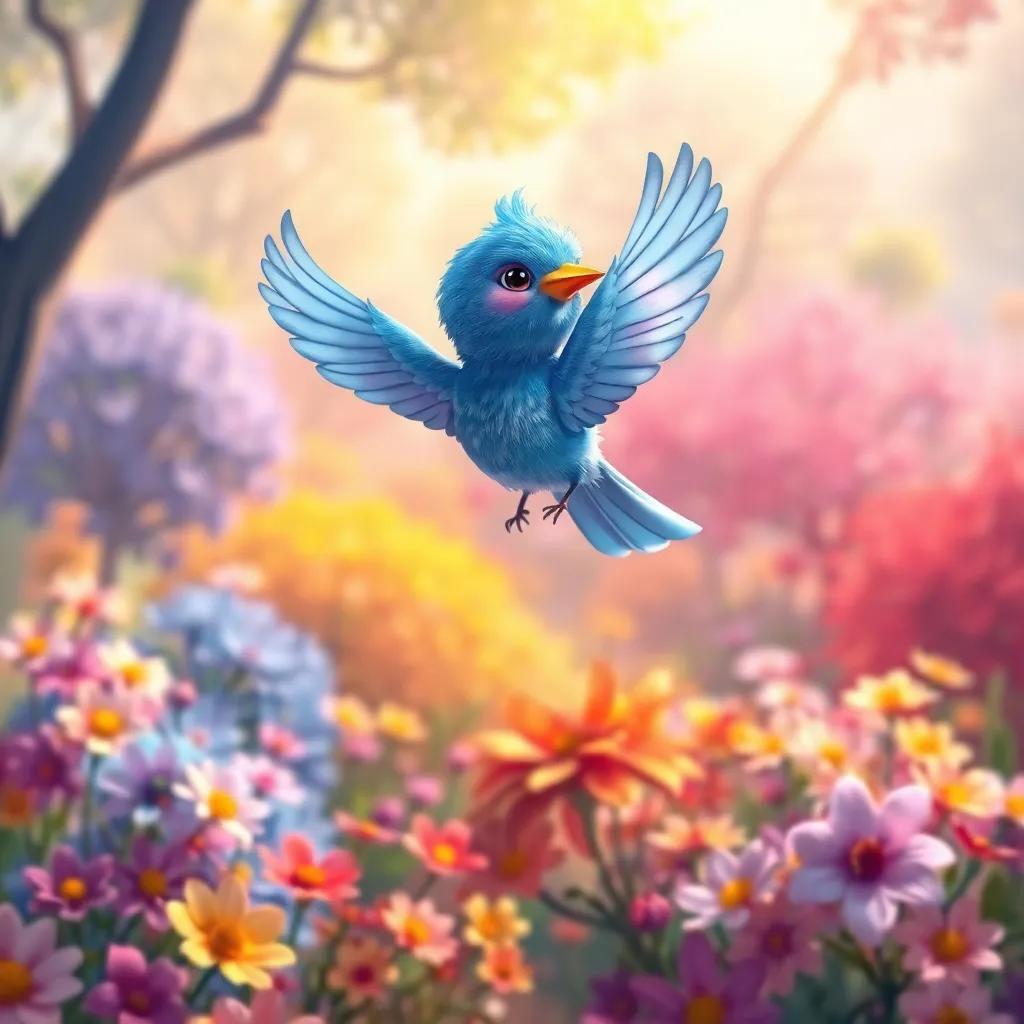 A blue bird named Azulito, flying joyfully above a colorful forest filled with flowers, digital art, bright colors, cheerful atmosphere, high quality