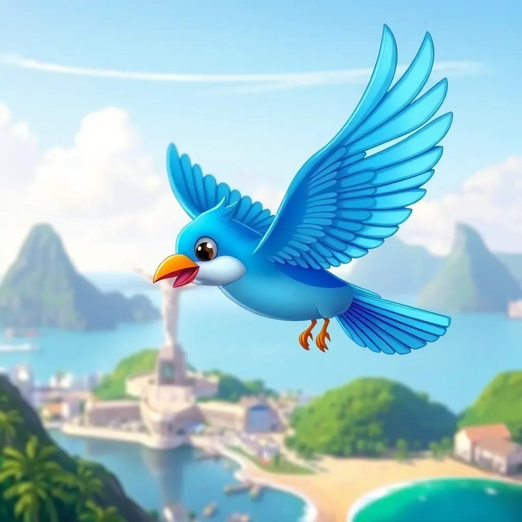 A blue bird named Azulito flying over Rio de Janeiro, with the Christ the Redeemer statue in the background and a beach, illustration, vibrant, festive