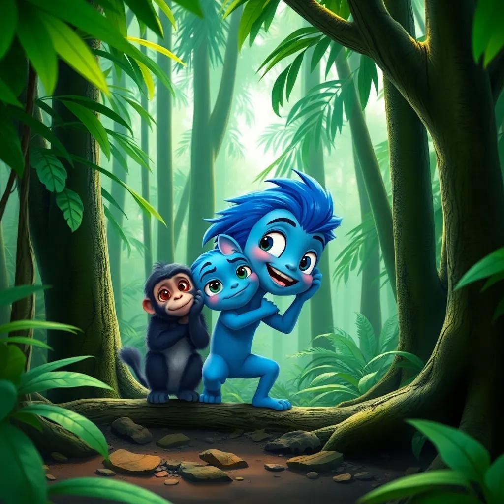 Azulito playing hide and seek with a curious monkey in the tall trees of the Amazon rainforest, detailed digital art, lush green colors, playful scene
