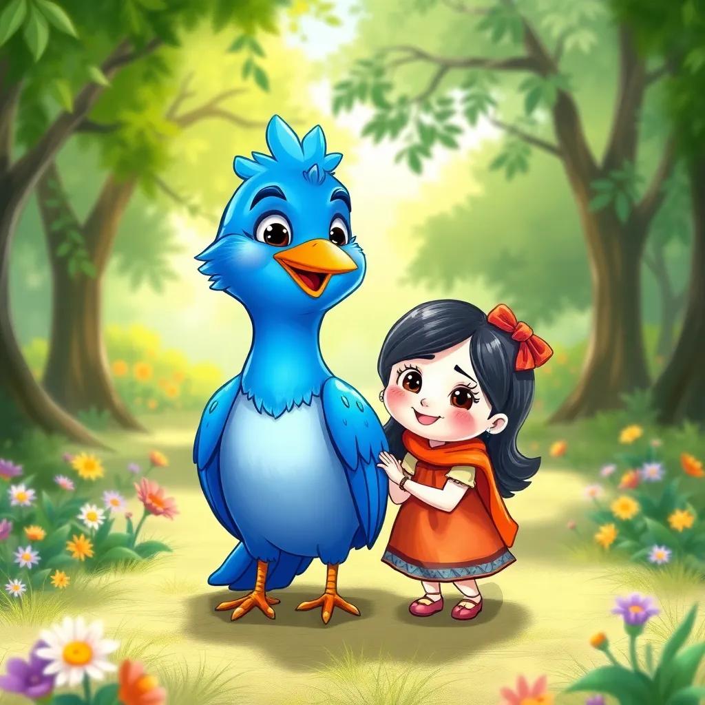 A blue bird named Azulito with a girl named Clara, drawing in a park in Curitiba, surrounded by greenery and flowers, cute, friendly, colorful