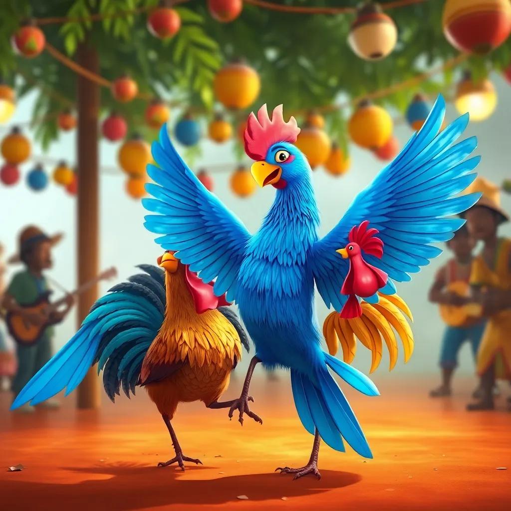 A blue bird named Azulito dancing with a rooster called Zé during a festivity in Bahia, with music and joy all around, lively scene, vibrant colors