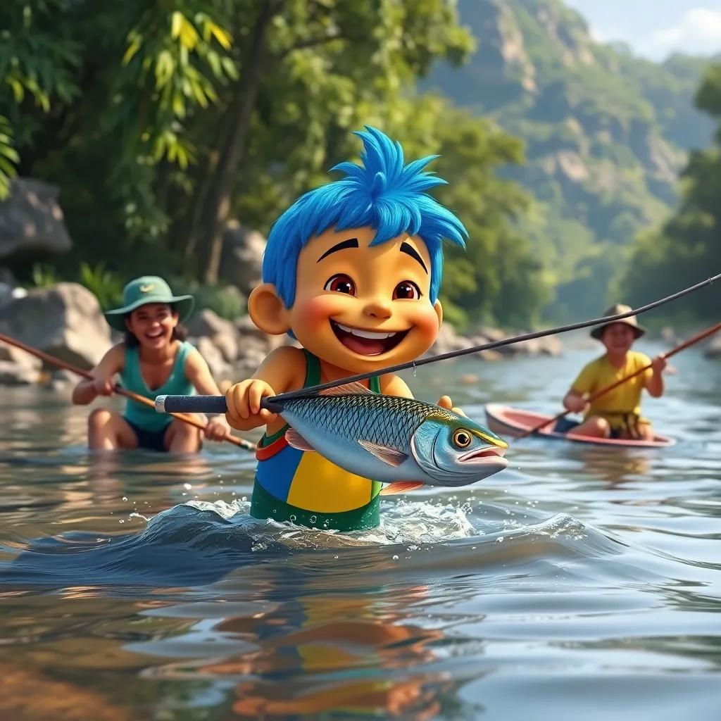 Azulito attempting to fish in a river in Brotas, with fishermen having fun, smiling atmosphere, bright colors, joyful moment